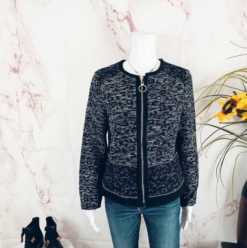 Chico’s Pieced Jacquard Knit Jacket Blazer Black Career Workwear Size 0 Or Small